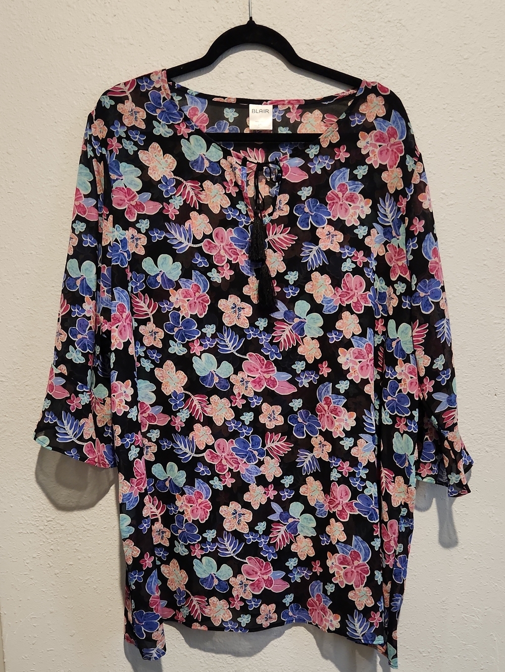 Blair Sheer Floral Tunic Tassel Tie Top Plus 2XL